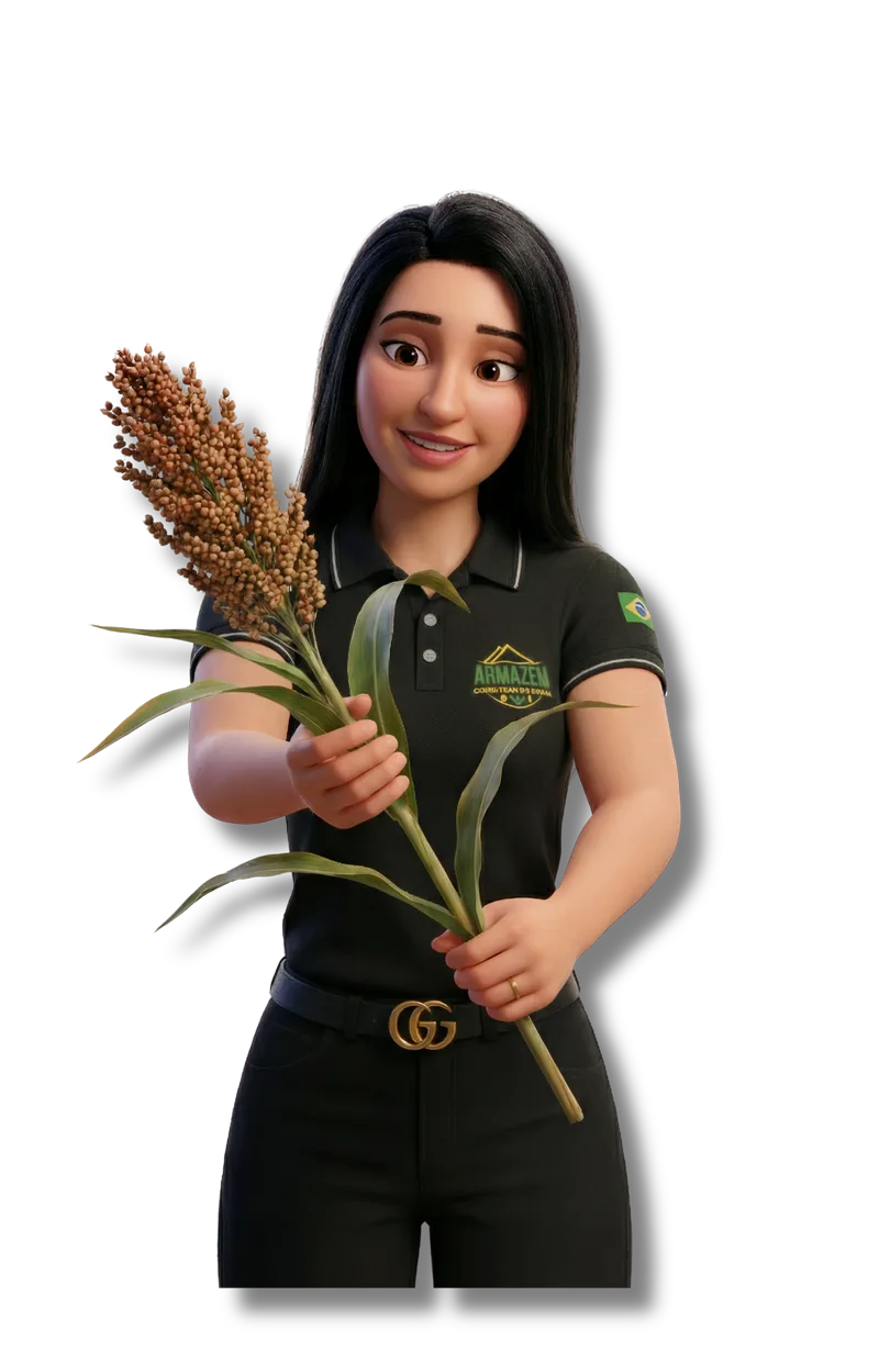 Adriana segurando uma panícula de sorgo