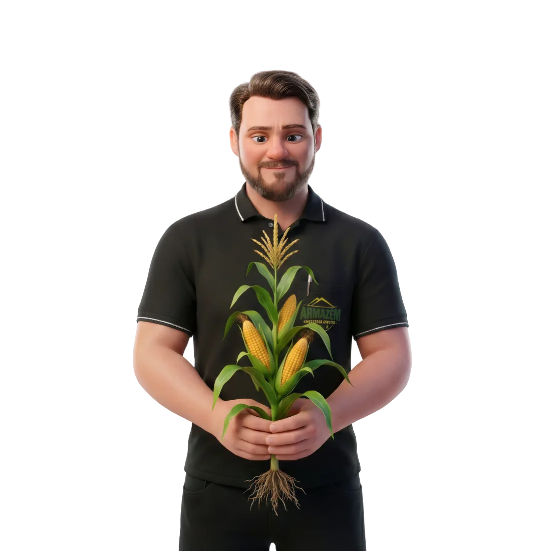 Samuel segurando uma planta de milho